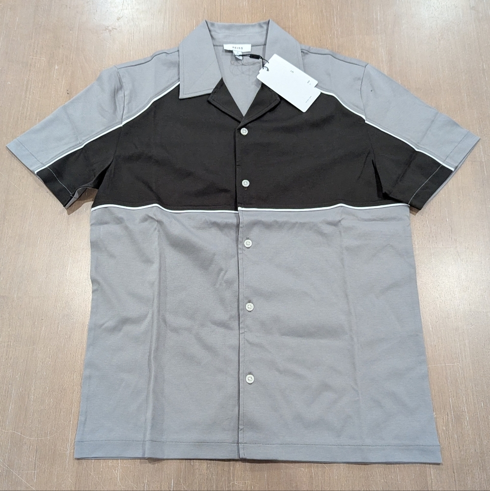 $125 Mens REISS "Gino" Colorblock Button Up Cuban Shirt Sage Green